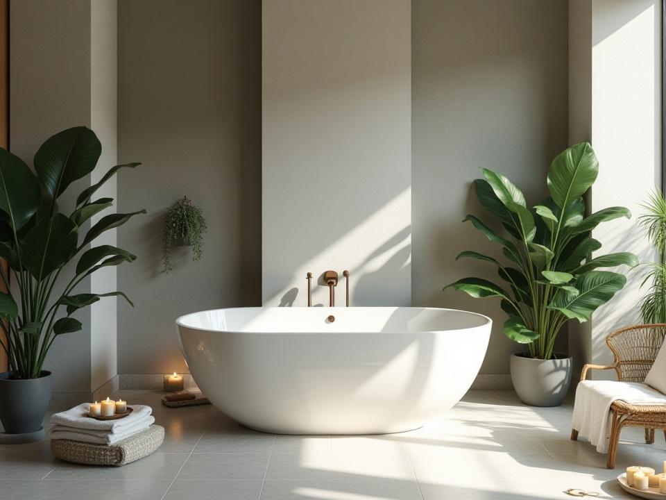 Luksuriøst baderom med frittstående badekar, grønne planter og dempet belysning, som en spa-oase.