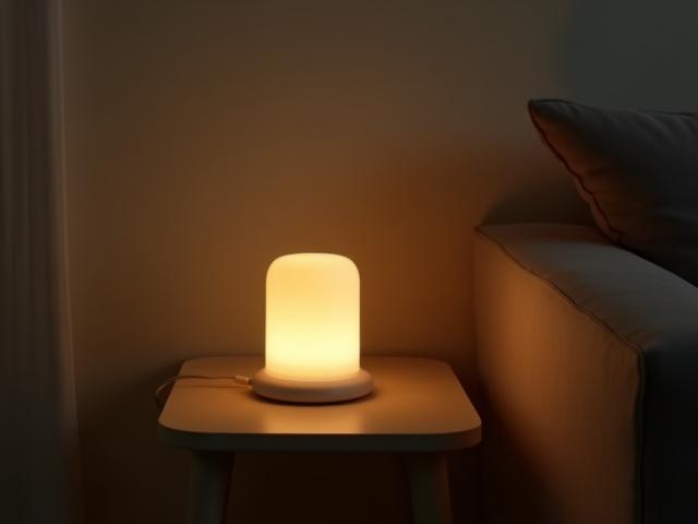 Bordlampe med mykt lys på et sidebord